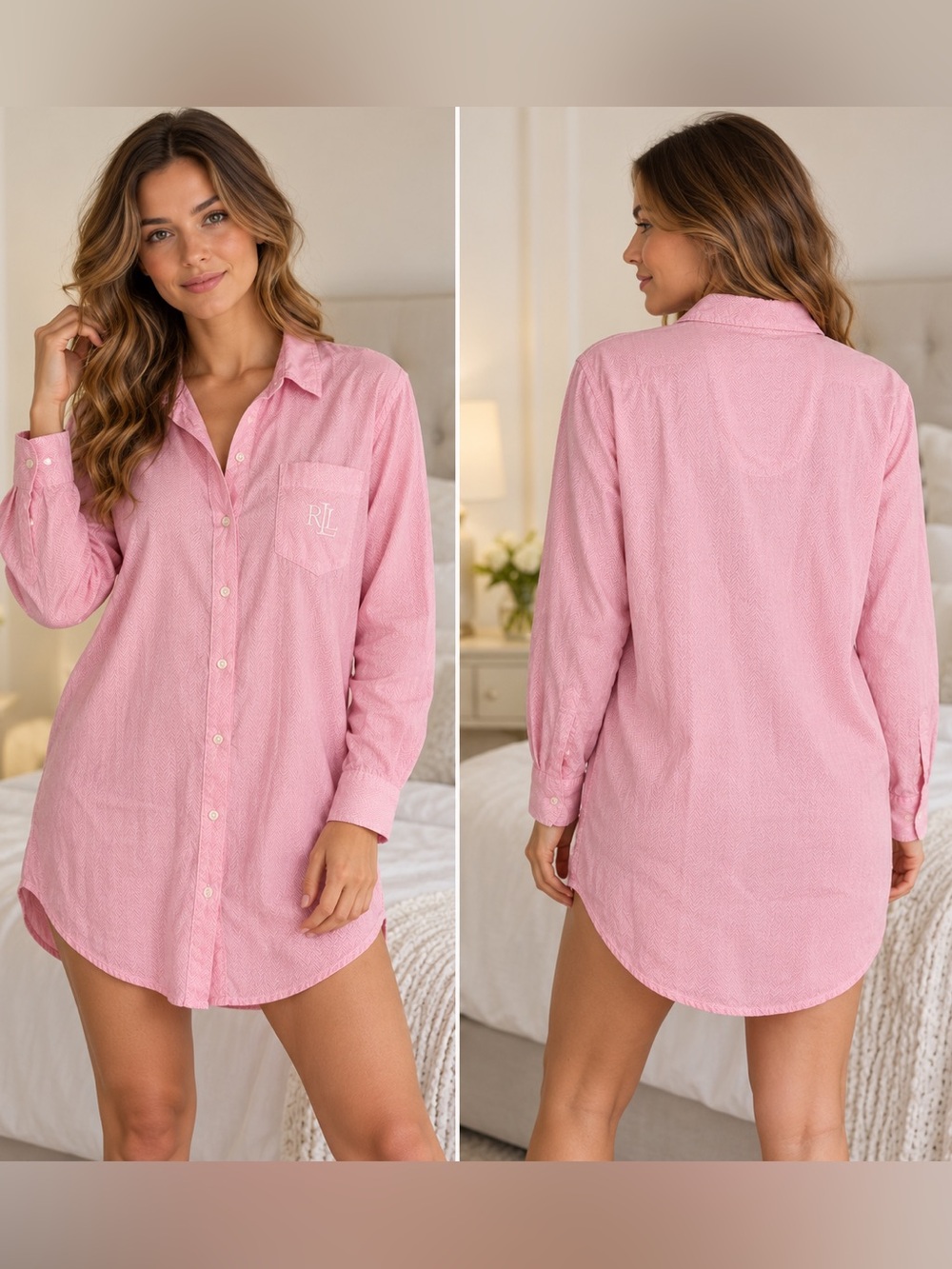 Lauren Ralph Lauren Pink Herringbone Sleepshirt Nightshirt Size M RL Monogram